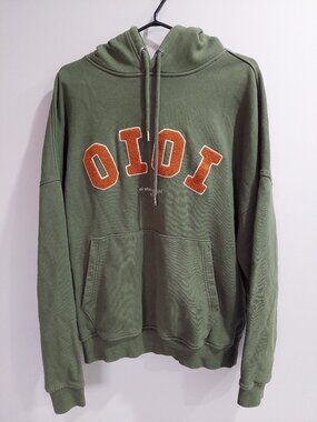 5252 BY OIOI Unisex Olive Green/Orange Patch Logo Casual Hoodie SZ L